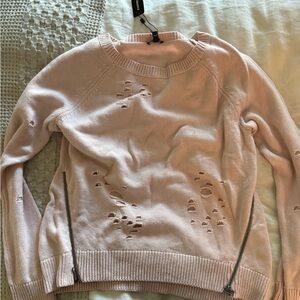 Express Light Pink Distressed Crew Neck Sweater